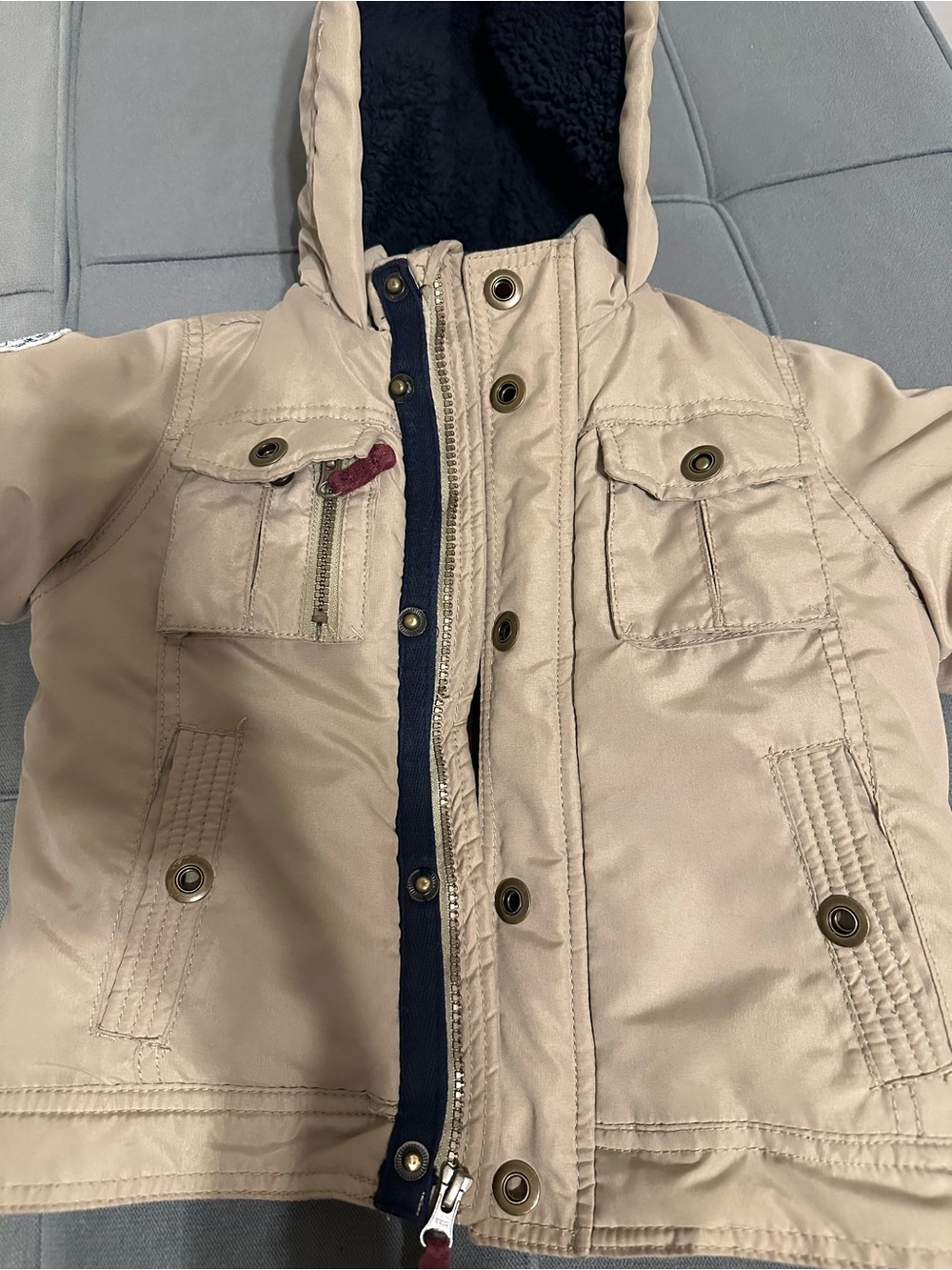OshKosh B'gosh Kids Beige Hooded Puffer Jacket with Navy Trim